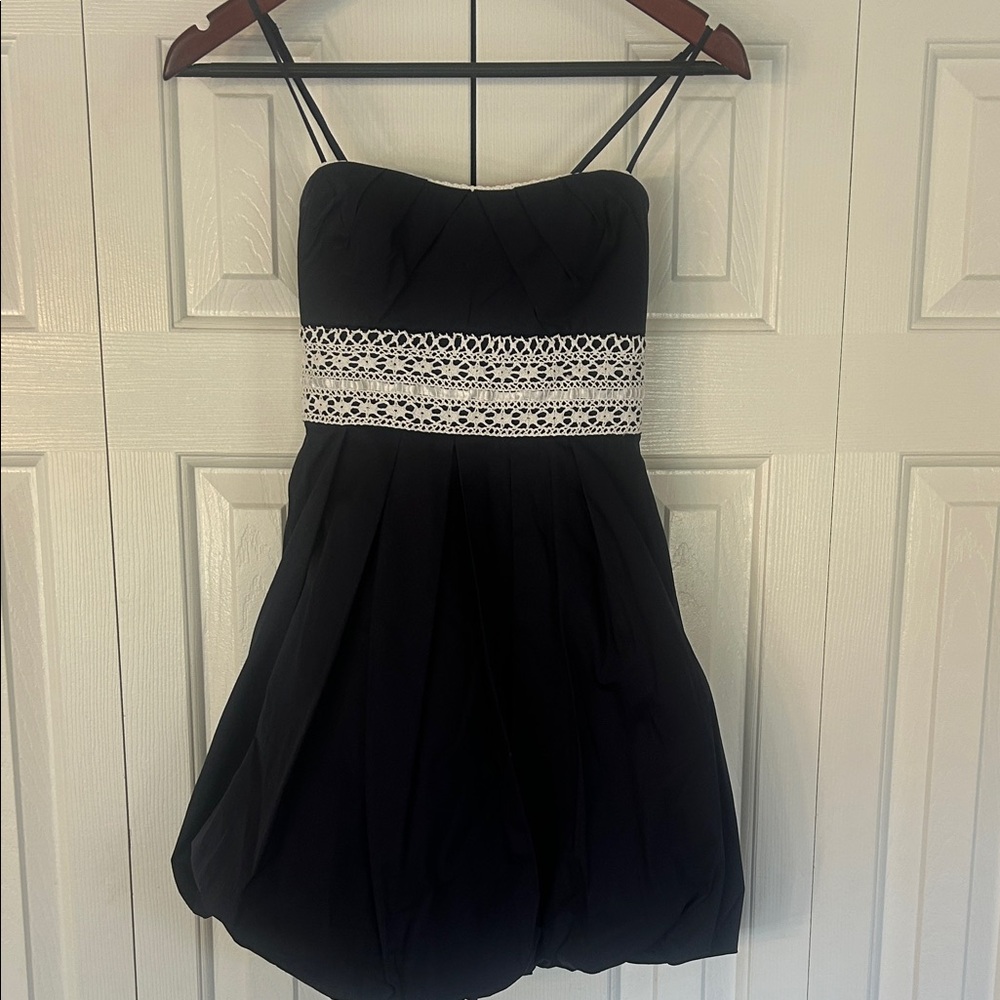 Speechless Navy Bubble Mini Dress with White Lace Accent
